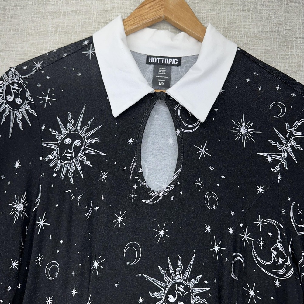 Hot Topic Dress Womens Size M Black Celestial Sun Moon‎ Collar Fit Flare Mini - Picture 2 of 12